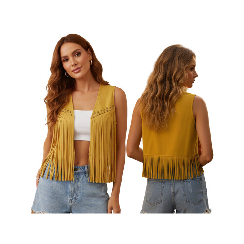 (L, Yellow) Γυναικείο σουέτ γιλέκο χίπικης εμφάνισης 1