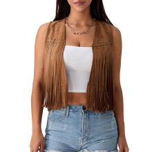(L, Brown) Chaleco de gamuza con borlas para mujer, estilo hippie de los años 70, sin mangas, con abertura frontal, chaqueta estilo western
