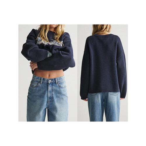 (L, Navy Blue) Pull femme automne-hiver, finitions côtelées. 1