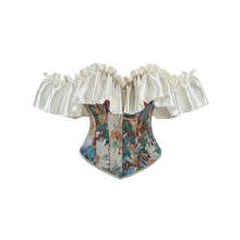 (XL, Green) Corset bustier femme, hauts vintage en jacquard fleuri à manches volantées, gaine tendance style Renaissance