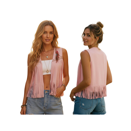 (XL, CORAL RED) Γυναικείο σουέτ γιλέκο χίπικης εμφάνισης 1