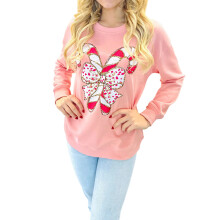 (M, Pink) Women Christmas Sweatshirt, Long Sleeve Crew Neck Bow Candy Cane Print Hoodie Pullover for Casual Daily