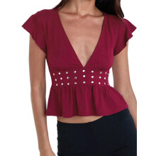 (L, Claret) Débardeurs cloutés pour femmes, manches volantes, col en V profond, couleur unie, coupe ajustée, hauts d'été