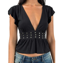 (S, Black) Débardeurs cloutés pour femmes, manches volantes, col en V profond, couleur unie, coupe ajustée, hauts d'été