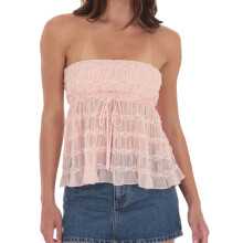 (L, Pink) Hauts bustier froncés à cordon pour femmes, couleur unie, sans manches, épaules dénudées, style babydoll.