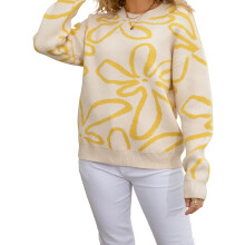 (S, Beige) Women's Round Neck Floral Sweater Fall Long Sleeve Flower Print Loose Knit Pullover