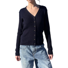 (M, Black) Cable Knit Cardigan for Women Fashionable Solid Color Long Sleeve Slim Fit Button Down Sweater