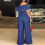 KEUSN Plus Size Dame Ensfarvede Vide Ben Off Shoulder Denim Jumpsuits 8
