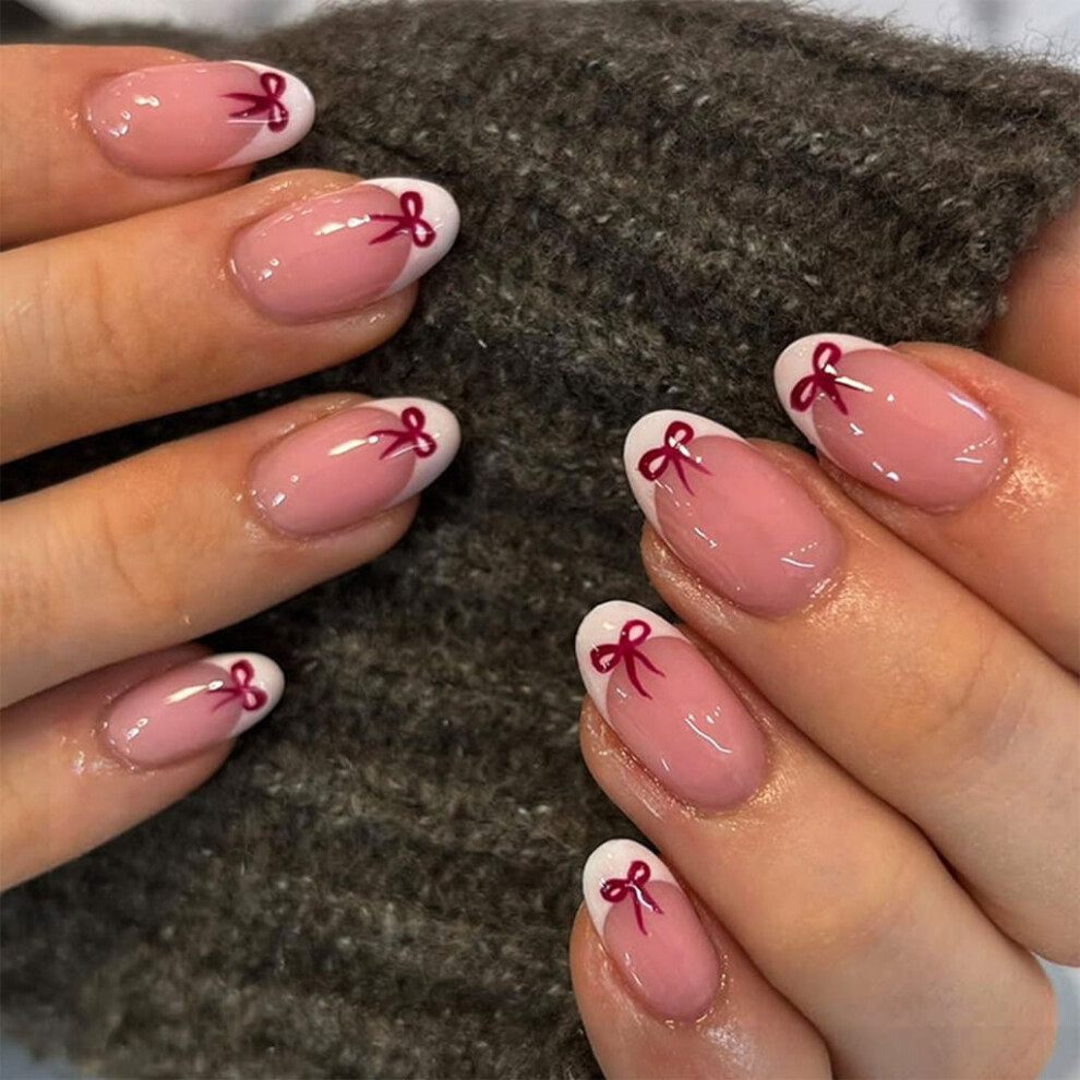 Almond Press-On Nails Glossy Bows French Tip 24 Pieces