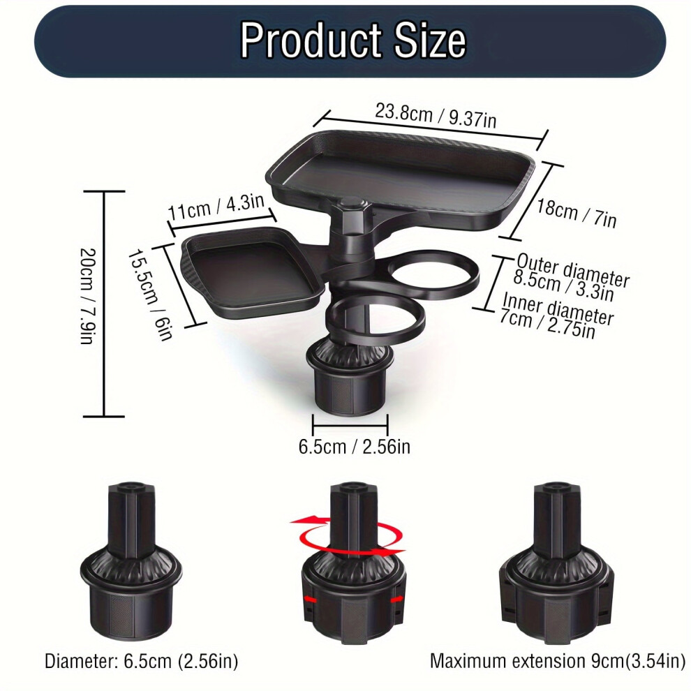 2025 New Car Cup Holder Tray-Expander-3 In 1 Detachable Food Table Tray With Solid Base-Road Trip Essentials Accessories Gadgets 9402001911476