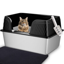 Vealind XXL Stainless Steel Cat Litter Tray High Sided Cats Litter Box 23.7"L x 16"W x 12.5"H Anti Leakage Extra Large Metal Cat Litter Box for Big