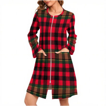 Dame natkjole med juleprint og juletema, hyggelig pyjamaskjole i børstet fleece med lange ærmer, lynlås og lommer (S-2XL)