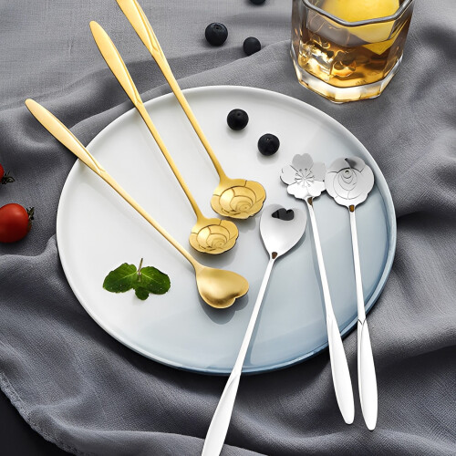Dinnerware Sets,6PCS Spoon Long Handle Texture Stainless Mixing Coffee Spoon For Home 2