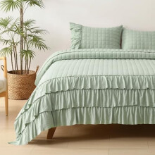 Conjunto de colcha Asakusa verde com babados, tamanho Queen, costura geométrica, roupa de cama de microfibra pré-lavada estilo fazenda shabby chic