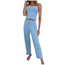 Dame ribbet strik pyjamassæt spaghettistropper nattøj komfortabelt loungewear elastisk talje bukser blød polyester pyjamas S-3XL blå