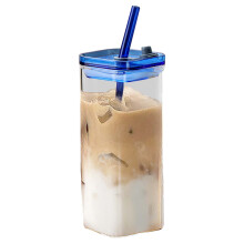 Tasse à café en verre transparent avec couvercle et paille, 350 ml