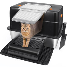 Stainless Steel Cat Litter Tray, XXL High-Sided, Removable and Metal Enclosed Stainless Steel Cat Litter Box with Lid with Scoop, Steps and Mat (Black