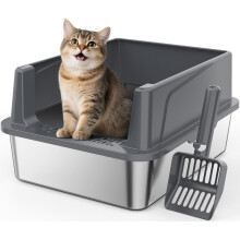 FURTIME Stainless Steel Cat Litter Tray Grey with Detachable Enclosure, 21cm High Sided Cat Litter Box Anti-Spillage and 44cm Small Litter Tray with
