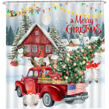 Rideau de douche de Noël, rideau de douche de Noël avec camion rouge et lutin de Noël et sapin de Noël