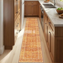 Tapis de couloir Vintage Orange 60 x 300 cm, lavable, antidérapant, en fausse laine à poils courts, idéal pour la cuisine, le couloir et l'entrée