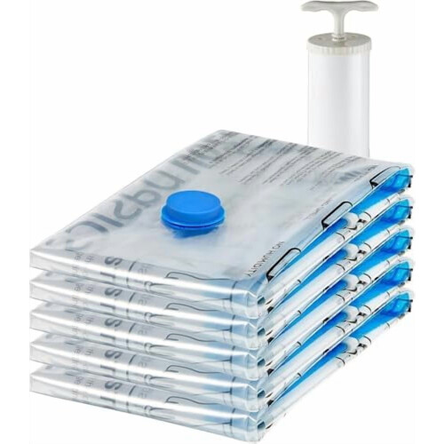 Vacuum Compression Space Saving Storage Bags with Hand Pump, Large, Pack of 5, Clear