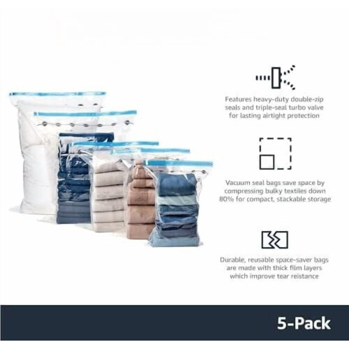 Vacuum Compression Space Saving Storage Bags with Hand Pump, Large, Pack of 5, Clear 1