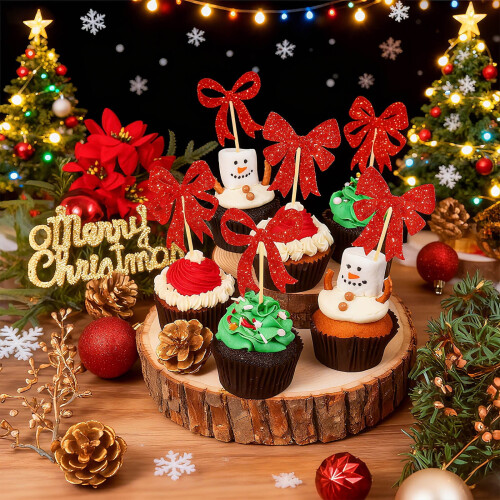 Kerstcupcakeversieringen met rode strikjes (24 stuks)