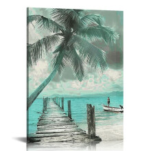 Tableau sur toile turquoise : Phare, palmier et planche de surf – Décoration encadrée sur le thème de la plage, idéale pour la salle de bain,