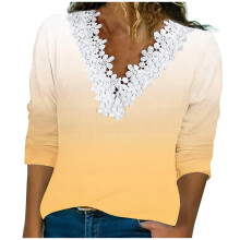 Gelbes, langärmeliges Crop-Top für Damen, lockere Passform, Spitze, V-Ausschnitt, langärmeliges Polyester-Top mit Farbverlauf, Größe XXL
