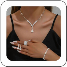 Elegantes Damen-Schmuckset: 2-teilig (Halskette + Ohrringe) oder 4-teilig (Halskette + Ohrringe + Ring + Armband), Strass, Silber/Gold/Schwarz, für