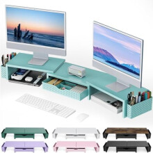 Doppelmonitorständer, Schreibtisch-Organizer mit Schublade und 2 Stifthaltern, Monitorständer für den Schreibtisch, Büroaccessoires (Blau)