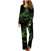 Julepysjamassett for dame – V-hals, langermet, lommer, myk stretch, festlig loungewear, topp og bukse, S-2XL, kompatibel med høytidsklær