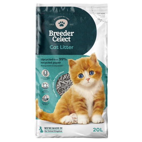 Breeder Celect Natural Cat Litter (20L) - 99 percent Recycled Paper, Absorbent Cat Litter Pellets, Optimal Odor Control, Non-Clumping, Biodegradable &