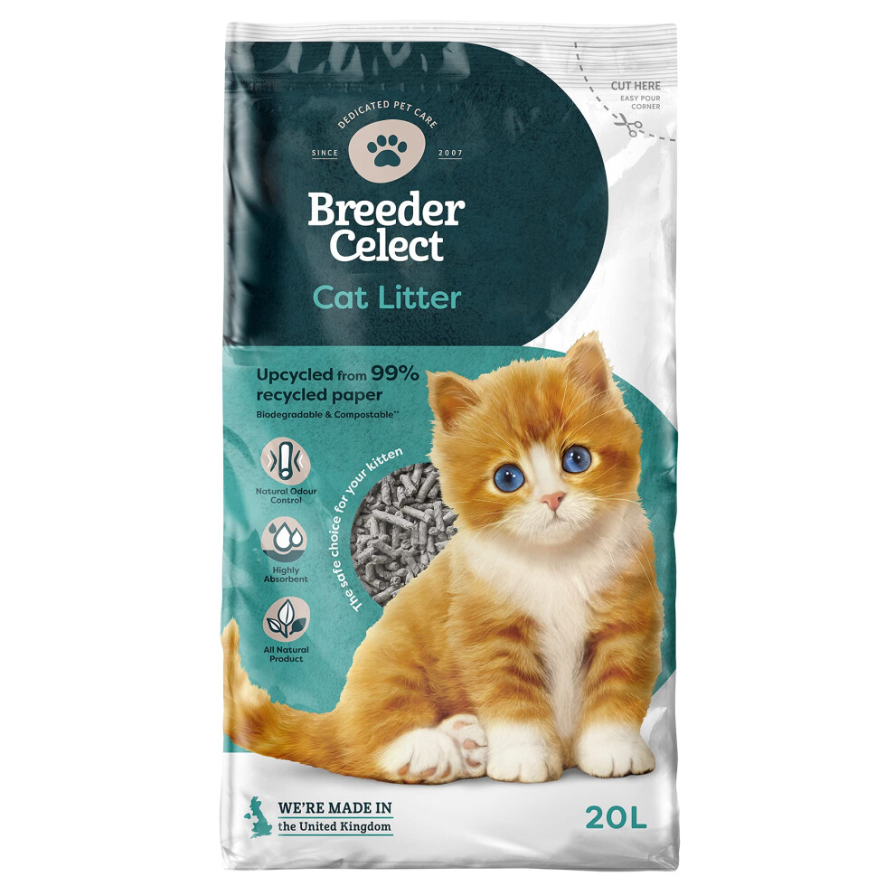Breedercelect Breeder Celect Natural Cat Litter (20L) - 99 Percent Recycled Paper, Absorbent Cat Litter Pellets, Optimal Odor Control, Non-Clumping, Biodegradable &