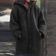 Chaqueta de punto informal de manga larga con botones, de peso medio y grosor medio para mujer, tallas grandes, cárdigan con capucha, tallas S-3XL