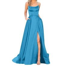 Riforla Hochzeitskleid/Abendkleid für Damen, einfarbiges Satin-Tunikakleid mit Spaghettiträgern, rückenfrei, Seitenschlitz, lang, himmelblau,