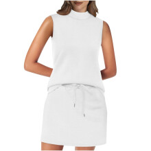Sommerliches Strandurlaubs-Outfit für Damen: Ärmelloses, einfarbiges Zweiteiler-Set mit Stehkragen, lässiges Minikleid mit Kordelzug, Übergröße