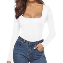 Conjunto de mono corto sexy de manga larga y cuello cuadrado para mujer, color blanco, compatible con ropa casual y de fiesta.