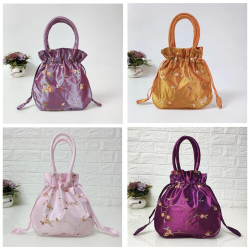 Bolsa saco feminina de seda bordada com cordão