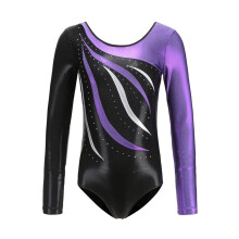 Collant de ginástica com strass brilhantes para meninas e meninos, modelo ballet/dança latina de manga comprida, roxo, tamanhos 6 a 8 anos, ideal