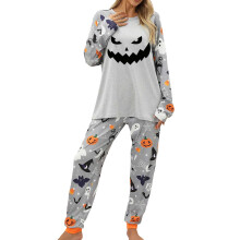 Pigiama di Halloween da donna, maniche lunghe, con stampa di zucche e fantasmi, top e pantaloni, set da casa di Halloween, comodo pigiama.