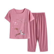Completo pigiama estivo da donna in due pezzi effetto lino | Top a maniche corte con bottoni e scollo rotondo con stampa floreale + pantaloni larghi