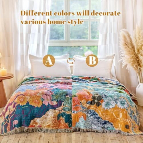 Κουβέρτα Boho για κρεβάτι 60"x80" βαμβακερή φλοράλ κουβέρτα καναπέ για δύο άτομα, 1