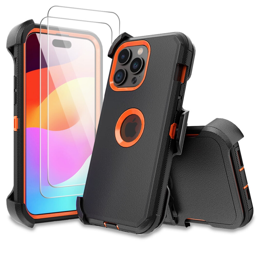 Tashhar Iphone 15 Case With Screen Protector & Belt Clip Holster Â Military-Grade, Shockproof, Rugged 3-In-1 Armor (6.1", 2023) Â +, Black/Orange 9418476398827