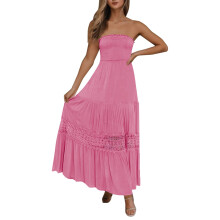 Summer Dresses For Women2024Vacation Fashion Bohemian Strapless Off Shoulder Lace Trim Backless Flowy A Line Beach Long Maxi Dress