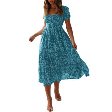 Damen-Swingkleid mit eckigem Ausschnitt, Polka-Dots, kurzen Ärmeln und Rüschen