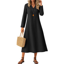 Womens Dresses Casual V-Neck Long Sleeve Dress Solid Color Everyday Comfort Knit Tunic Lounge Around House Dress Stretchy Bodycon Midi Length