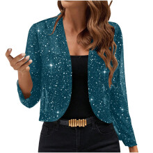 Damen-Crop-Paillettenjacke aus Mesh, leicht, elegant, modischer Glitzerblazer, Schulterjacke für Abendveranstaltungen, 2025, Blau, Größe L