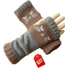 Strikkede fingerløse handsker til kvinder med kattebroderi, vintage kattetema - Tykke varme vinterhandsker med katteansigtsdesign