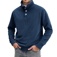 Sweat-shirt homme en velours côtelé à manches longues, couleur unie, style décontracté avec boutons, automne-hiver